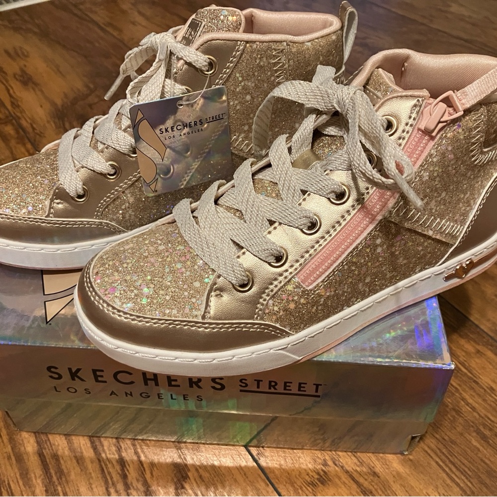 Skechers Gold and Pink Glitter Sneakers High Top Zip-On Sz 3
